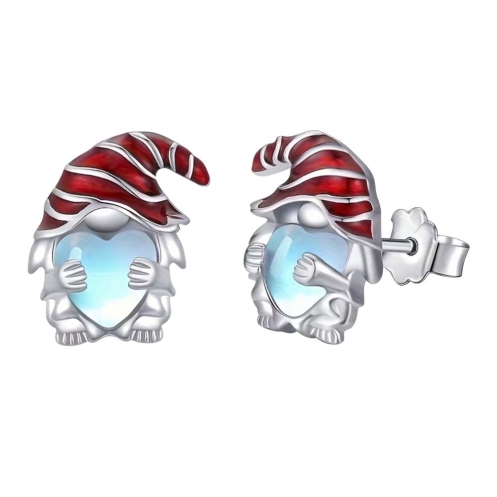 Silver Gnome Moonstone Christmas Heart Stud Earrings
